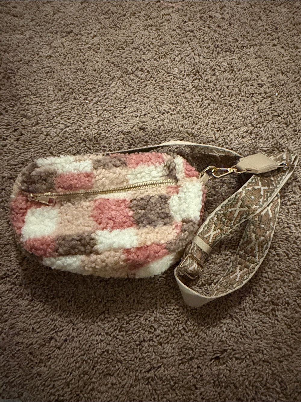 Plush Checkered Crossbody Bag in Pink, Cream & Brown